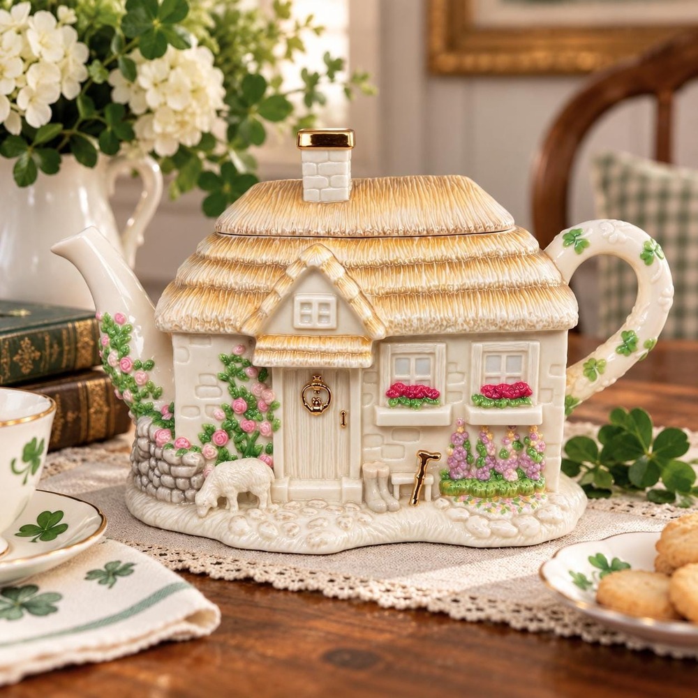 Vintage 2002 Lenox Irish Blessing Teapot Cottage Shamrock Roses Sheep Gold Trim